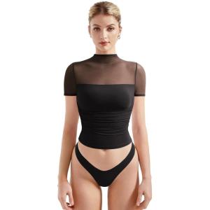 imageSUUKSESS Women Sexy Mesh Sheer Short Sleeve Tops Mock Neck Ruched Going Out ShirtsBlack