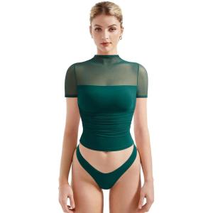 imageSUUKSESS Women Sexy Mesh Sheer Short Sleeve Tops Mock Neck Ruched Going Out ShirtsDark Green