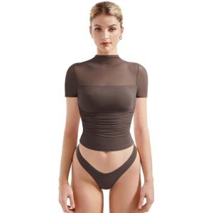 imageSUUKSESS Women Sexy Mesh Sheer Short Sleeve Tops Mock Neck Ruched Going Out ShirtsMocha