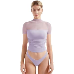 imageSUUKSESS Women Sexy Mesh Sheer Short Sleeve Tops Mock Neck Ruched Going Out ShirtsPurple
