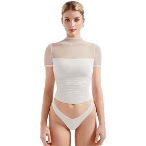 imageSUUKSESS Women Sexy Mesh Sheer Short Sleeve Tops Mock Neck Ruched Going Out ShirtsSnow White