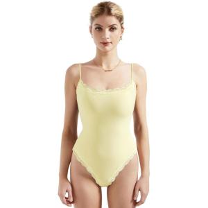 imageSUUKSESS Women Square Neck Lace Bodysuit Sleeveless Spaghetti Strap Tank TopButter Yellow