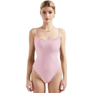 imageSUUKSESS Women Square Neck Lace Bodysuit Sleeveless Spaghetti Strap Tank TopPink