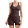 imageSUUKSESS Women 2 Piece Workout Sets Scrunch Butt Shorts with Pockets Padded Tank TopsDeep Brown