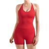 imageSUUKSESS Women 2 Piece Workout Sets Scrunch Butt Shorts with Pockets Padded Tank TopsRed