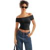 imageSUUKSESS Women Double Lined Off The Shoulder Tops Fitted Going Out Basic ShirtsJet Black