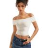 imageSUUKSESS Women Double Lined Off The Shoulder Tops Fitted Going Out Basic ShirtsPearl