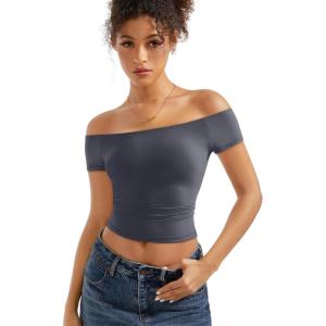 imageSUUKSESS Women Double Lined Off The Shoulder Tops Fitted Going Out Basic ShirtsAsh