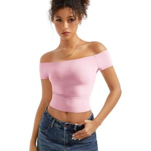 imageSUUKSESS Women Double Lined Off The Shoulder Tops Fitted Going Out Basic ShirtsBlush