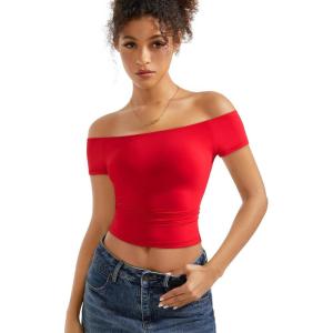 imageSUUKSESS Women Double Lined Off The Shoulder Tops Fitted Going Out Basic ShirtsDream Red