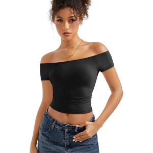 imageSUUKSESS Women Double Lined Off The Shoulder Tops Fitted Going Out Basic ShirtsJet Black