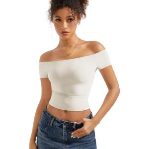 imageSUUKSESS Women Double Lined Off The Shoulder Tops Fitted Going Out Basic ShirtsPearl