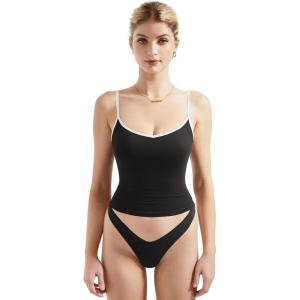 imageSUUKSESS Women Sexy V Neck Tank Tops Y2K Going Out Top Fitted Basic Cami ShirtsBlack White