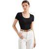 imageSUUKSESS Women Cotton Ribbed Scoop Neck Short Sleeve Top 2025 Summer Basic T ShirtBlack
