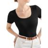 imageSUUKSESS Women Cotton Ribbed Scoop Neck Short Sleeve Top 2025 Summer Basic T ShirtBlack