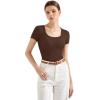 imageSUUKSESS Women Cotton Ribbed Scoop Neck Short Sleeve Top 2025 Summer Basic T ShirtDark Brown