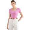 imageSUUKSESS Women Cotton Ribbed Scoop Neck Short Sleeve Top 2025 Summer Basic T ShirtPink