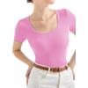 imageSUUKSESS Women Cotton Ribbed Scoop Neck Short Sleeve Top 2025 Summer Basic T ShirtPink