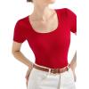 imageSUUKSESS Women Cotton Ribbed Scoop Neck Short Sleeve Top 2025 Summer Basic T ShirtRed