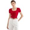 imageSUUKSESS Women Cotton Ribbed Scoop Neck Short Sleeve Top 2025 Summer Basic T ShirtRed