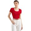 imageSUUKSESS Women Cotton Ribbed Scoop Neck Short Sleeve Top 2025 Summer Basic T ShirtRed
