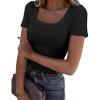 imageSUUKSESS Women Cotton Ribbed Scoop Neck Short Sleeve Top 2025 Summer Basic T ShirtBlack