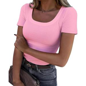 imageSUUKSESS Women Cotton Ribbed Scoop Neck Short Sleeve Top 2025 Summer Basic T ShirtPink