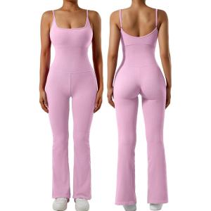 imageSUUKSESS Women Ribbed Flare One Piece Jumpsuits Seamless Padded Sexy Jumpsuit
