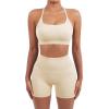 imageSUUKSESS Women Seamless Workout Sets Strappy Sports Bra High Waist Booty Shorts Outfits1 Beige