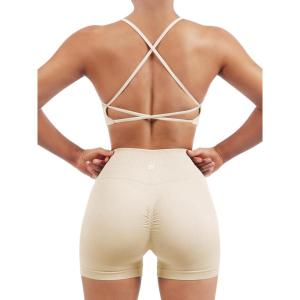 imageSUUKSESS Women Seamless Workout Sets Strappy Sports Bra High Waist Booty Shorts Outfits1 Beige