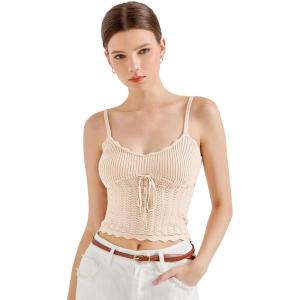 imageSUUKSESS Women Beach Vacation Tank Top Summer Adjustable Spaghetti Straps Cami Basic Crochet V Neck Crop CamisoleBeige