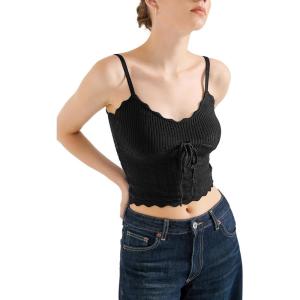 imageSUUKSESS Women Beach Vacation Tank Top Summer Adjustable Spaghetti Straps Cami Basic Crochet V Neck Crop CamisoleBlack