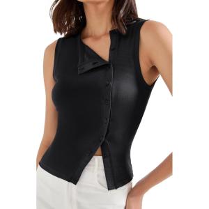imageSUUKSESS Women Button Down Tank Top Sleeveless Summer Casual Vest Business Work Fitted ShirtBlack
