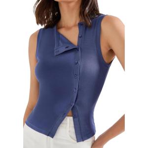 imageSUUKSESS Women Button Down Tank Top Sleeveless Summer Casual Vest Business Work Fitted ShirtNavy