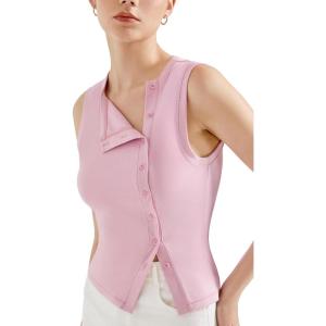 imageSUUKSESS Women Button Down Tank Top Sleeveless Summer Casual Vest Business Work Fitted ShirtPink