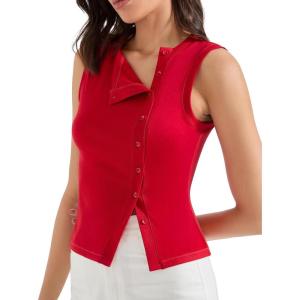 imageSUUKSESS Women Button Down Tank Top Sleeveless Summer Casual Vest Business Work Fitted ShirtRed