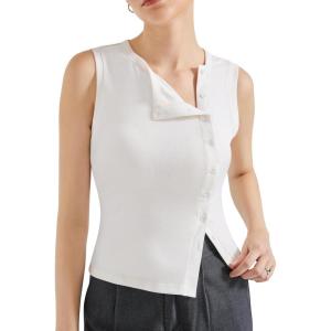 imageSUUKSESS Women Button Down Tank Top Sleeveless Summer Casual Vest Business Work Fitted ShirtWhite