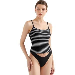 imageSUUKSESS Women Cotton Ribbed Going Out Camisole Top Y2k Spaghetti Strap Tank TopStriped Black