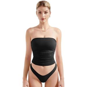 imageSUUKSESS Women Ribbed Going Out Trendy Tops Ruched Sexy Strapless Tube TopsBlack