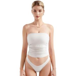 imageSUUKSESS Women Ribbed Going Out Trendy Tops Ruched Sexy Strapless Tube TopsWhite