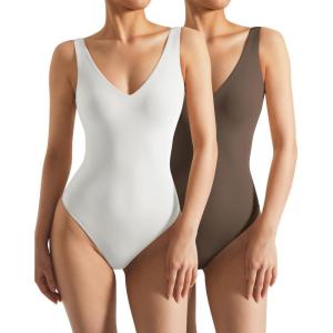 imageSUUKSESS Women 2 Piece Thong Bodysuit Sexy V Neck Backless Sleeveless Tank Tops01 Pack Brown  White