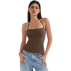 imageSUUKSESS Women Halter Double Lined Tank Top Backless Going Out Camisole Crop TopMocha