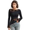 imageSUUKSESS Women Lace Long Sleeve Top Sexy Mesh Sheer Crew Neck T Shirts Y2k TopsBlack