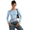 imageSUUKSESS Women Lace Long Sleeve Top Sexy Mesh Sheer Crew Neck T Shirts Y2k TopsLight Blue