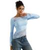 imageSUUKSESS Women Lace Long Sleeve Top Sexy Mesh Sheer Crew Neck T Shirts Y2k TopsLight Blue
