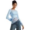 imageSUUKSESS Women Lace Long Sleeve Top Sexy Mesh Sheer Crew Neck T Shirts Y2k TopsLight Blue