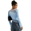imageSUUKSESS Women Lace Long Sleeve Top Sexy Mesh Sheer Crew Neck T Shirts Y2k TopsLight Blue