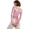 imageSUUKSESS Women Lace Long Sleeve Top Sexy Mesh Sheer Crew Neck T Shirts Y2k TopsLight Pink