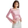 imageSUUKSESS Women Lace Long Sleeve Top Sexy Mesh Sheer Crew Neck T Shirts Y2k TopsLight Pink