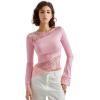 imageSUUKSESS Women Lace Long Sleeve Top Sexy Mesh Sheer Crew Neck T Shirts Y2k TopsLight Pink